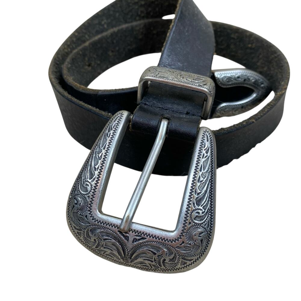 Ecote Western Black Leather Belt 28 inches S/M Large Buckle Southwestern